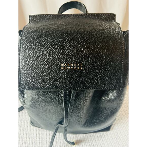 Barneys New York Black Leather Backpack Drawstring Flap Gold Hardware Lettering - Picture 3 of 16